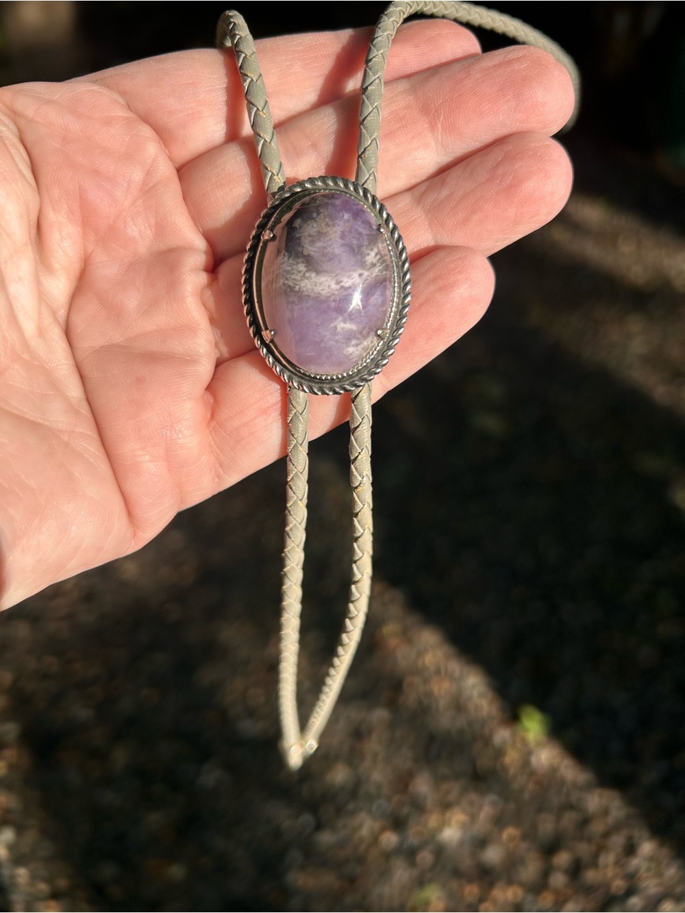 Purple Stone Bolo Tie Necklace - Handcrafted Silver Trim